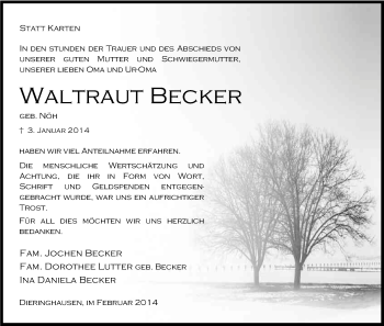 Anzeige von Waltraut Becker von Kölner Stadt-Anzeiger / Kölnische Rundschau / Express