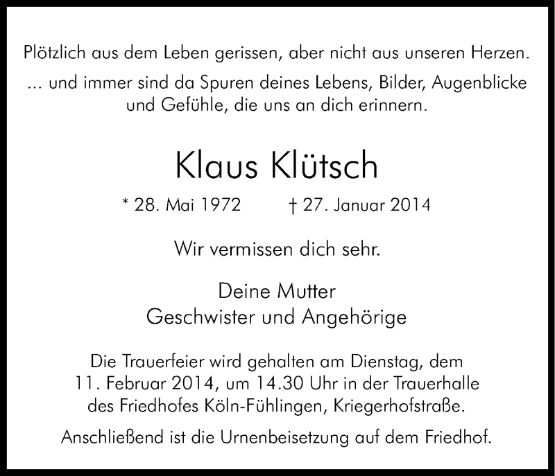  Traueranzeige für Klaus Klütsch vom 08.02.2014 aus Kölner Stadt-Anzeiger / Kölnische Rundschau / Express