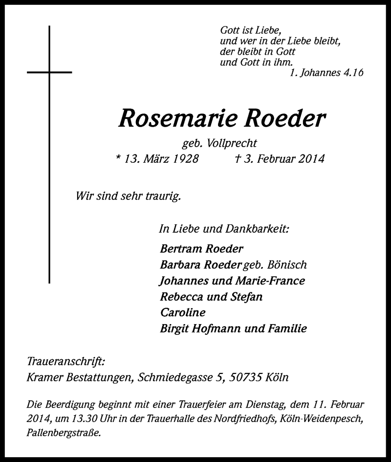  Traueranzeige für Rosemarie Roeder vom 07.02.2014 aus Kölner Stadt-Anzeiger / Kölnische Rundschau / Express