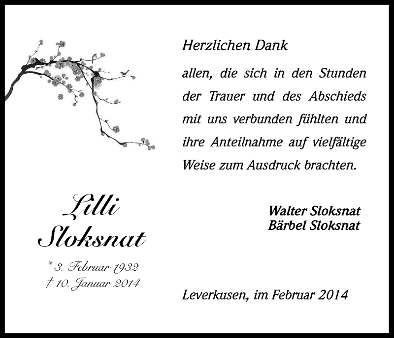  Traueranzeige für Lilli Sloksnat vom 08.02.2014 aus Kölner Stadt-Anzeiger / Kölnische Rundschau / Express