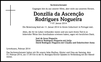 Anzeige von Donzilia da Ascenção Rodrigues Nogueir von Kölner Stadt-Anzeiger / Kölnische Rundschau / Express