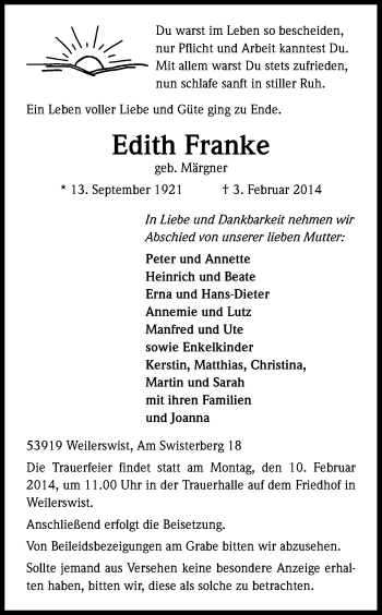 Anzeige von Edith Franke von Kölner Stadt-Anzeiger / Kölnische Rundschau / Express
