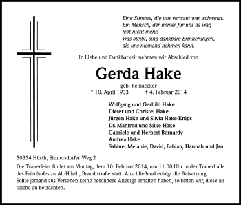 Anzeige von Gerda Hake von Kölner Stadt-Anzeiger / Kölnische Rundschau / Express