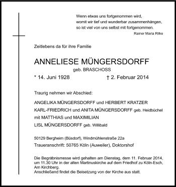Anzeige von Anneliese Müngersdorf von Kölner Stadt-Anzeiger / Kölnische Rundschau / Express