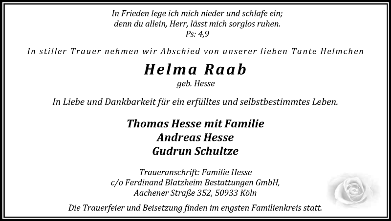  Traueranzeige für Helma Raab vom 08.02.2014 aus Kölner Stadt-Anzeiger / Kölnische Rundschau / Express
