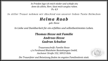 Anzeige von Helma Raab von Kölner Stadt-Anzeiger / Kölnische Rundschau / Express