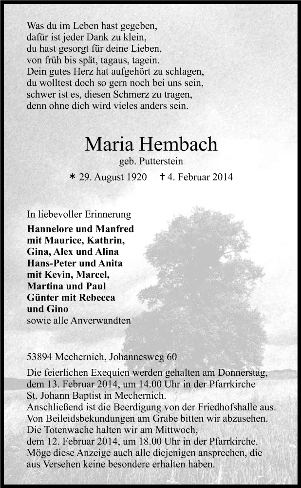  Traueranzeige für Maria Hembach vom 08.02.2014 aus Kölner Stadt-Anzeiger / Kölnische Rundschau / Express