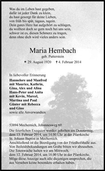 Anzeige von Maria Hembach von Kölner Stadt-Anzeiger / Kölnische Rundschau / Express