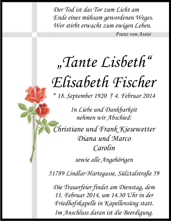 Anzeige von Elisabeth Fischer von Kölner Stadt-Anzeiger / Kölnische Rundschau / Express