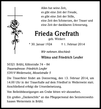 Anzeige von Frieda Grefrath von Kölner Stadt-Anzeiger / Kölnische Rundschau / Express