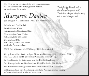 Anzeige von Margarete Dauben von Kölner Stadt-Anzeiger / Kölnische Rundschau / Express