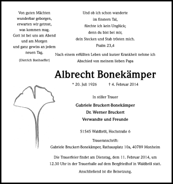 Anzeige von Albrecht Bonekämper von Kölner Stadt-Anzeiger / Kölnische Rundschau / Express
