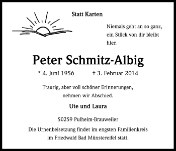 Anzeige von Peter Schmitz-Albig von Kölner Stadt-Anzeiger / Kölnische Rundschau / Express