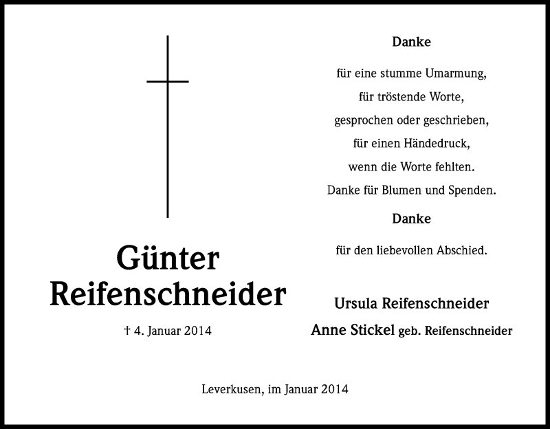  Traueranzeige für Ursula Reifenschneider vom 08.02.2014 aus Kölner Stadt-Anzeiger / Kölnische Rundschau / Express