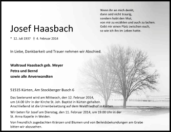 Anzeige von Josef Haasbach von Kölner Stadt-Anzeiger / Kölnische Rundschau / Express