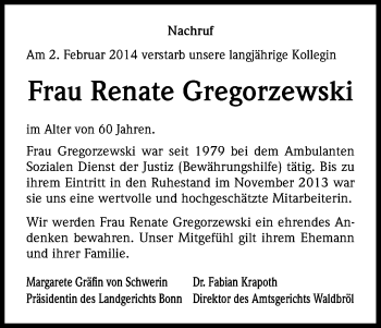Anzeige von Renate Gregorzewski von Kölner Stadt-Anzeiger / Kölnische Rundschau / Express