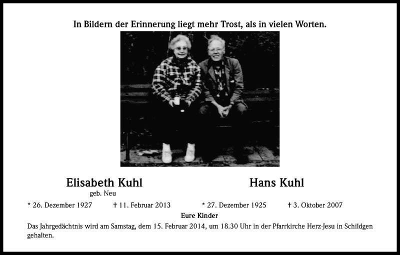 Traueranzeige für Elisabeth Kuhl vom 08.02.2014 aus Kölner Stadt-Anzeiger / Kölnische Rundschau / Express