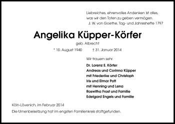 Anzeige von Angelika Küpper-Körfer von Kölner Stadt-Anzeiger / Kölnische Rundschau / Express