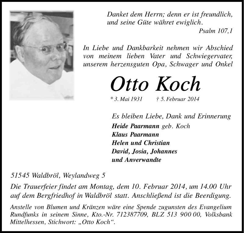  Traueranzeige für Otto Koch vom 07.02.2014 aus Kölner Stadt-Anzeiger / Kölnische Rundschau / Express