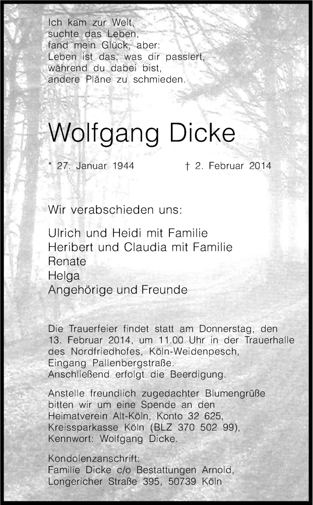  Traueranzeige für Wolfgang Dicke vom 08.02.2014 aus Kölner Stadt-Anzeiger / Kölnische Rundschau / Express