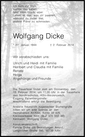 Anzeige von Wolfgang Dicke von Kölner Stadt-Anzeiger / Kölnische Rundschau / Express