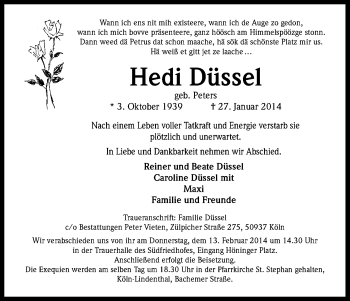 Anzeige von Hedi Düssel von Kölner Stadt-Anzeiger / Kölnische Rundschau / Express