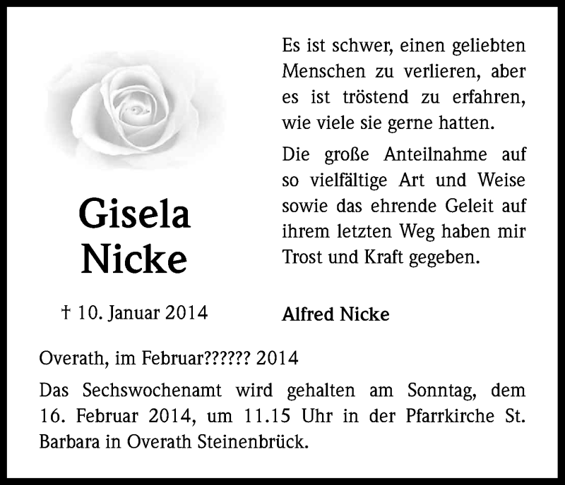  Traueranzeige für Gisela Nicke vom 08.02.2014 aus Kölner Stadt-Anzeiger / Kölnische Rundschau / Express