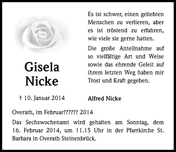 Anzeige von Gisela Nicke von Kölner Stadt-Anzeiger / Kölnische Rundschau / Express
