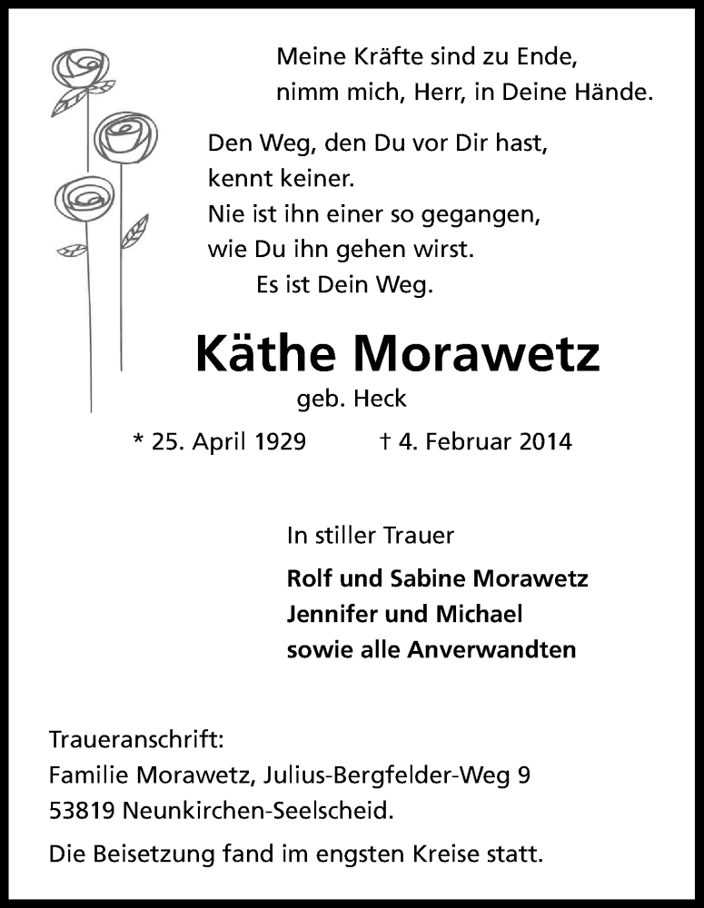  Traueranzeige für Käthe Morawetz vom 15.02.2014 aus Kölner Stadt-Anzeiger / Kölnische Rundschau / Express