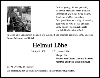 Anzeige von Helmut Löhe von Kölner Stadt-Anzeiger / Kölnische Rundschau / Express