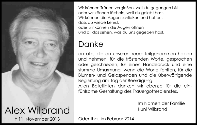  Traueranzeige für Alex Wilbrand vom 08.02.2014 aus Kölner Stadt-Anzeiger / Kölnische Rundschau / Express