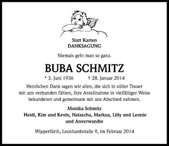 Anzeige von Buba Schmitz von Kölner Stadt-Anzeiger / Kölnische Rundschau / Express
