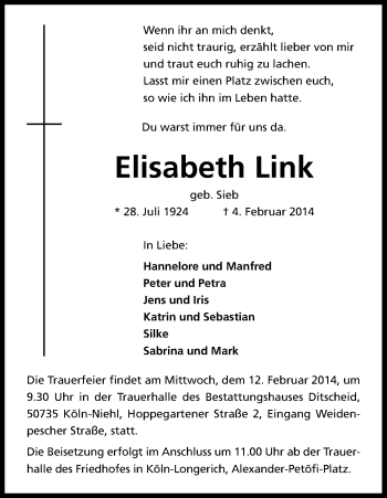 Anzeige von Elisabeth Link von Kölner Stadt-Anzeiger / Kölnische Rundschau / Express