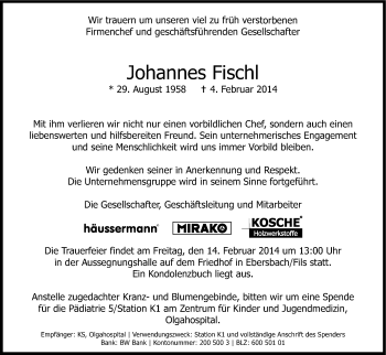 Anzeige von Johannes Fischl von Kölner Stadt-Anzeiger / Kölnische Rundschau / Express