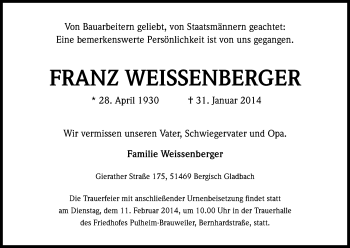 Anzeige von Franz Weissenberger von Kölner Stadt-Anzeiger / Kölnische Rundschau / Express