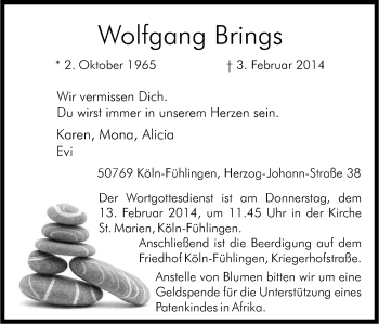 Anzeige von Wolfgang Brings von Kölner Stadt-Anzeiger / Kölnische Rundschau / Express
