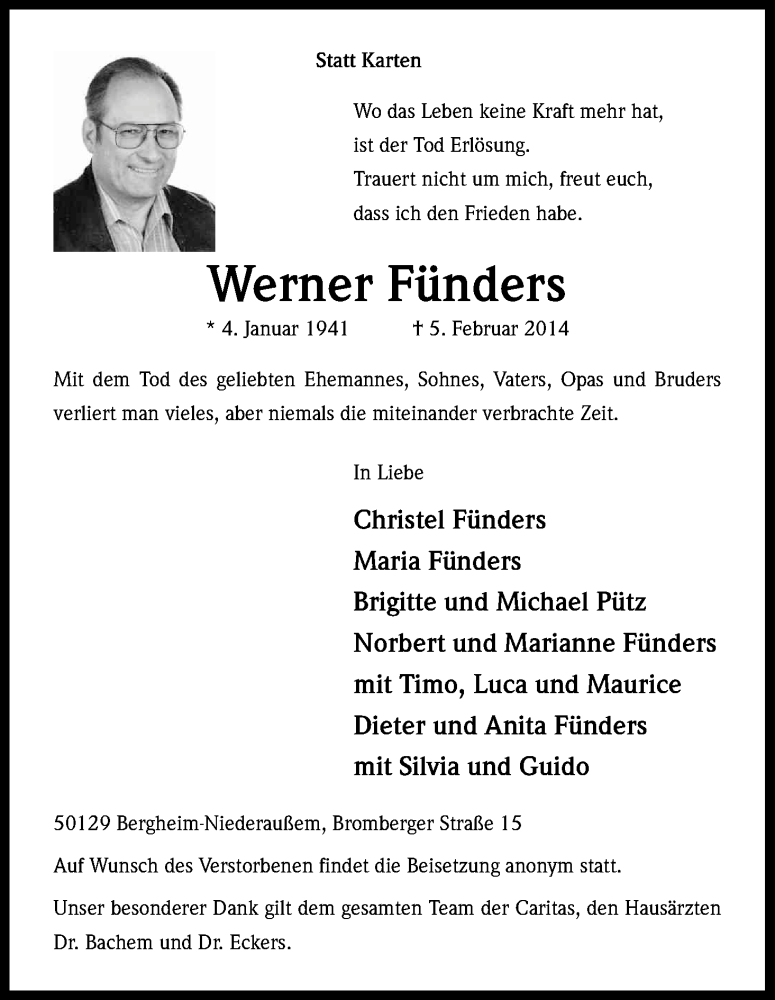 Traueranzeige für Werner Fünders vom 08.02.2014 aus Kölner Stadt-Anzeiger / Kölnische Rundschau / Express
