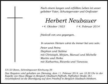 Anzeige von Herbert Neubauer von Kölner Stadt-Anzeiger / Kölnische Rundschau / Express