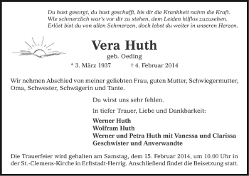 Anzeige von Vera Huth von Kölner Stadt-Anzeiger / Kölnische Rundschau / Express
