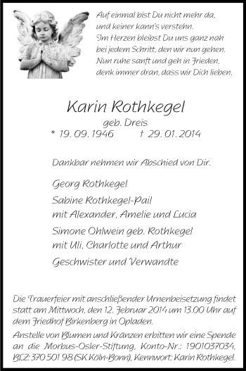 Anzeige von Karin Rothkegel von Kölner Stadt-Anzeiger / Kölnische Rundschau / Express