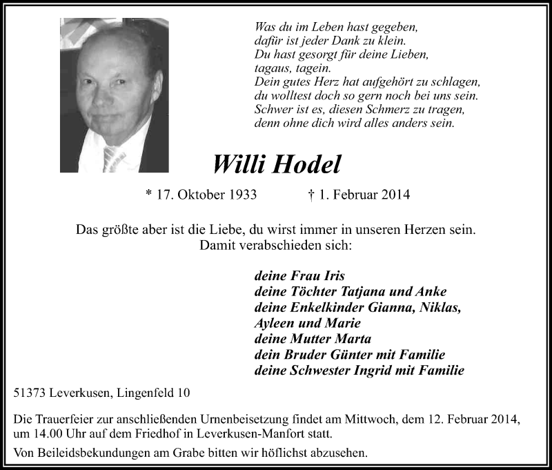  Traueranzeige für Willi Hodel vom 08.02.2014 aus Kölner Stadt-Anzeiger / Kölnische Rundschau / Express
