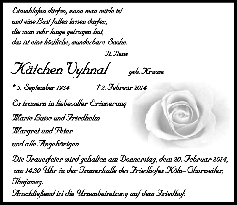  Traueranzeige für Kätchen Vyhnal vom 08.02.2014 aus Kölner Stadt-Anzeiger / Kölnische Rundschau / Express