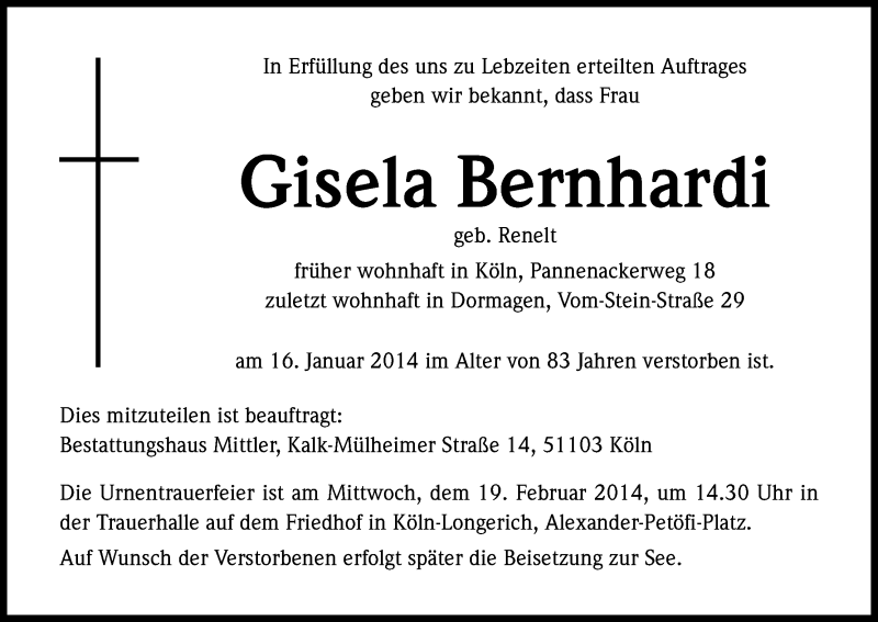  Traueranzeige für Gisela Bernhardi vom 08.02.2014 aus Kölner Stadt-Anzeiger / Kölnische Rundschau / Express