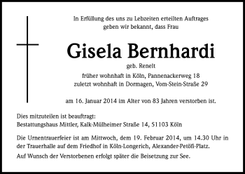 Anzeige von Gisela Bernhardi von Kölner Stadt-Anzeiger / Kölnische Rundschau / Express