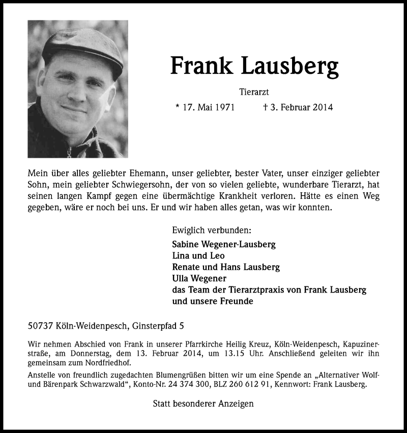  Traueranzeige für Frank Lausberg vom 08.02.2014 aus Kölner Stadt-Anzeiger / Kölnische Rundschau / Express