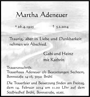 Anzeige von Martha Adeneuer von Kölner Stadt-Anzeiger / Kölnische Rundschau / Express