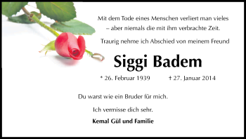 Anzeige von Siggi Badern von Kölner Stadt-Anzeiger / Kölnische Rundschau / Express