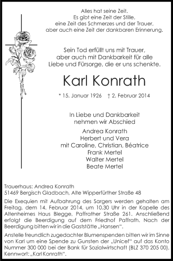 Anzeige von Karl Konrath von Kölner Stadt-Anzeiger / Kölnische Rundschau / Express