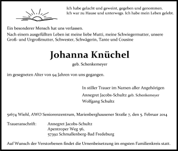 Anzeige von Johanna Knüchel von Kölner Stadt-Anzeiger / Kölnische Rundschau / Express