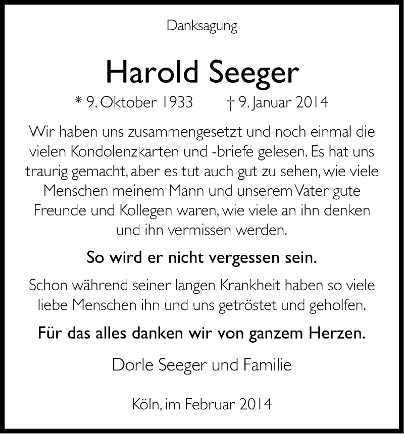  Traueranzeige für Harold Seeger vom 08.02.2014 aus Kölner Stadt-Anzeiger / Kölnische Rundschau / Express